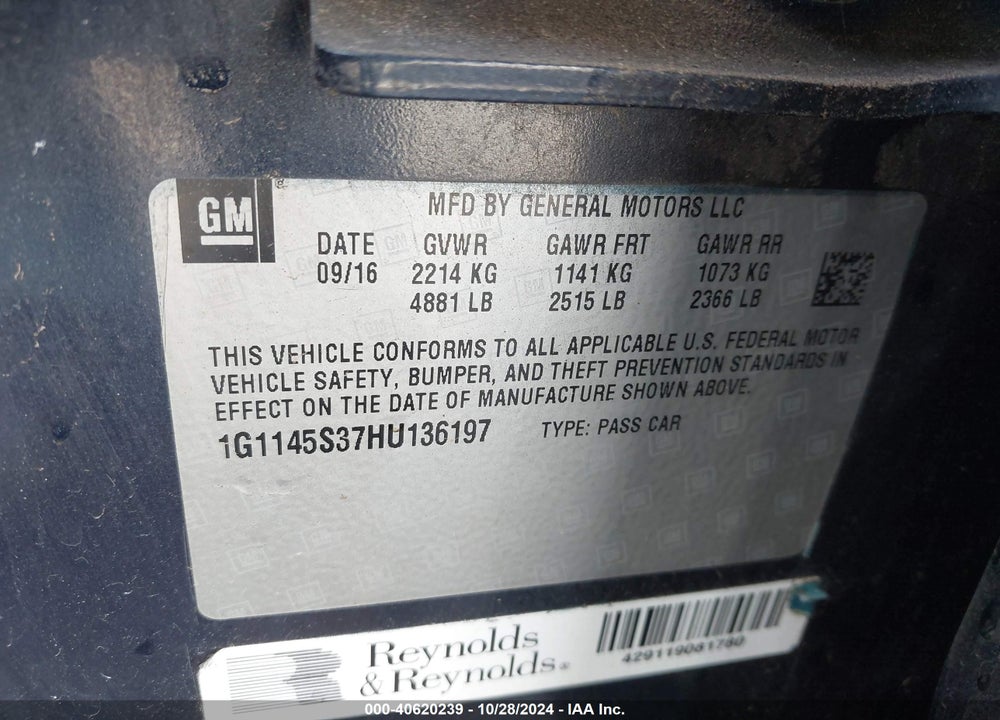 2017 CHEVROLET IMPALA 2LZ VIN: 1G1145S37HU136197