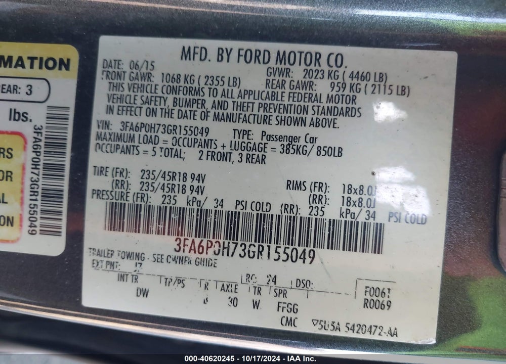 2016 FORD FUSION SE VIN: 3FA6P0H73GR155049