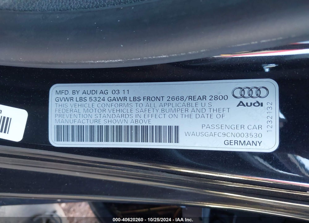 2012 AUDI A7 PREMIUM VIN: WAUSGAFC9CN003530