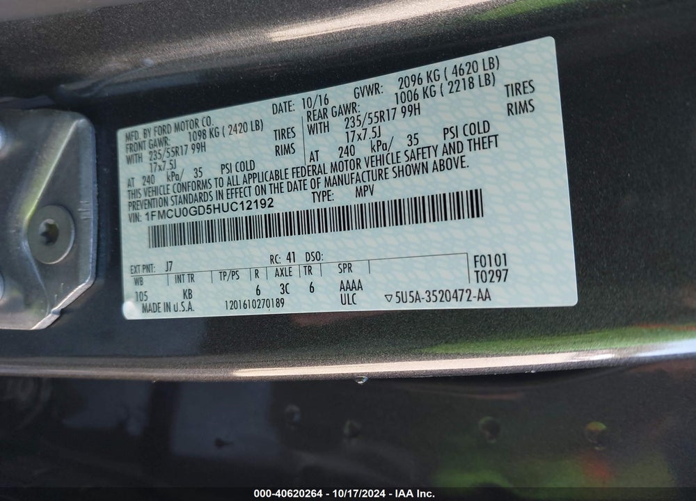 2017 FORD ESCAPE SE VIN: 1FMCU0GD5HUC12192