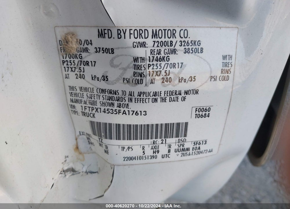 2005 FORD F-150 FX4/LARIAT/XL/XLT VIN: 1FTPX14535FA17613