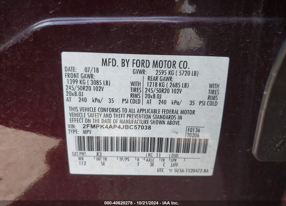 2018 FORD EDGE SPORT VIN: 2FMPK4AP4JBC57038