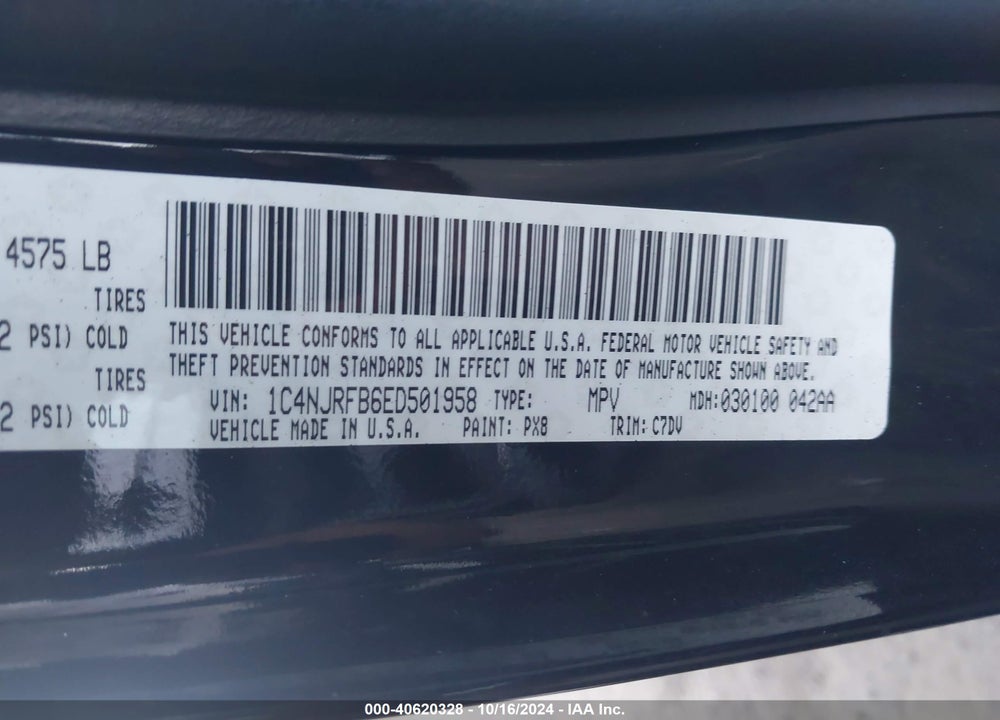 2014 JEEP PATRIOT LATITUDE VIN: 1C4NJRFB6ED501958