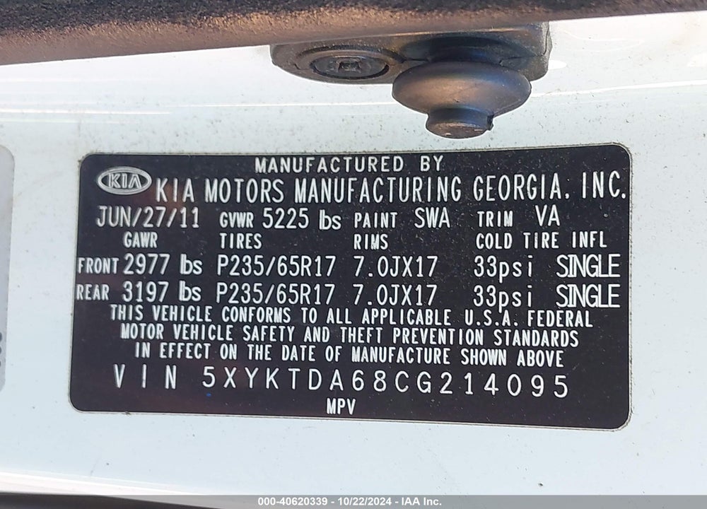 2012 KIA SORENTO LX VIN: 5XYKTDA68CG214095