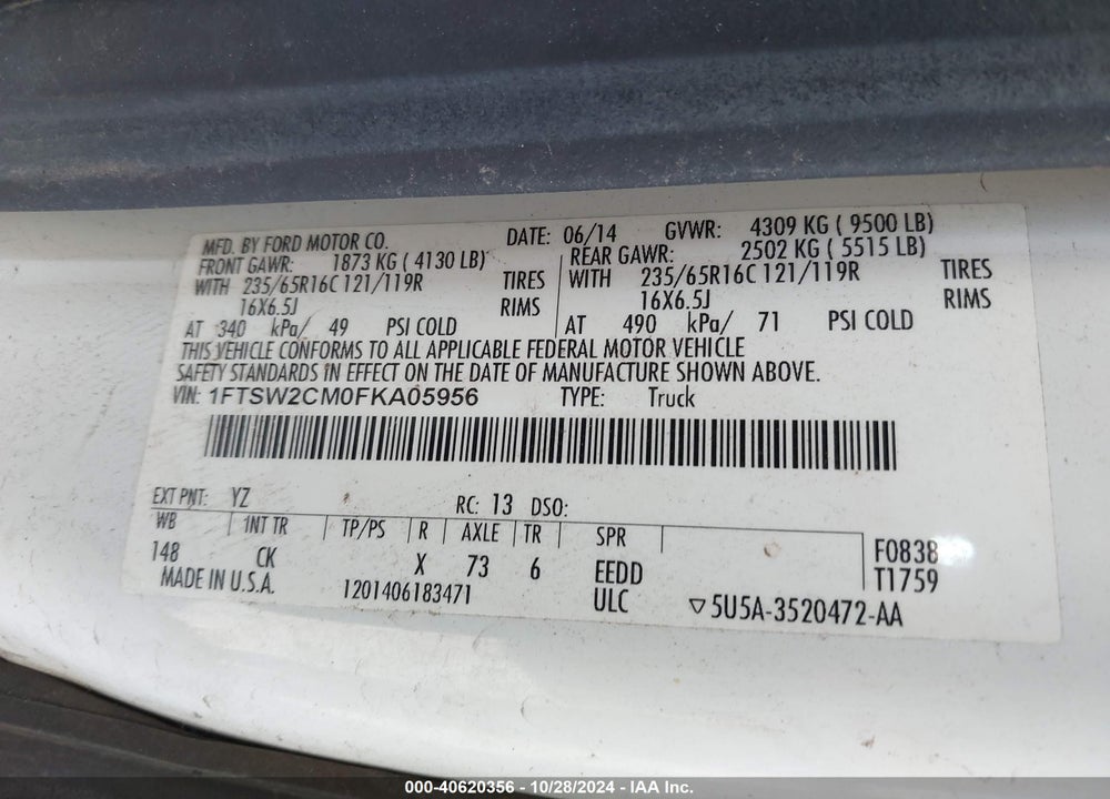 2015 FORD TRANSIT-350 VIN: 1FTSW2CM0FKA05956