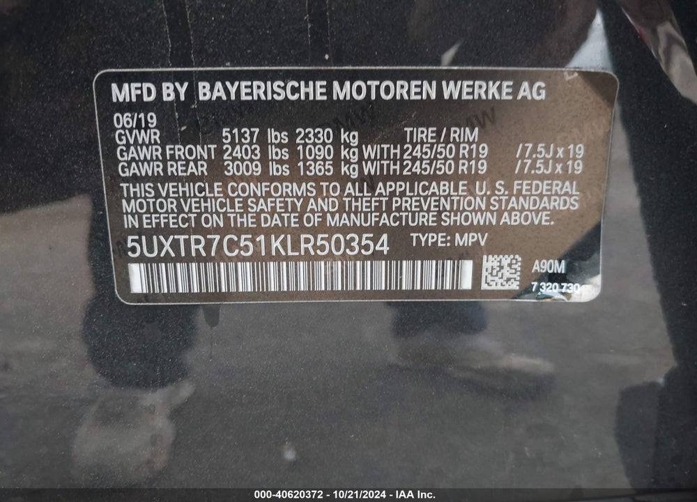 2019 BMW X3 SDRIVE30I VIN: 5UXTR7C51KLR50354