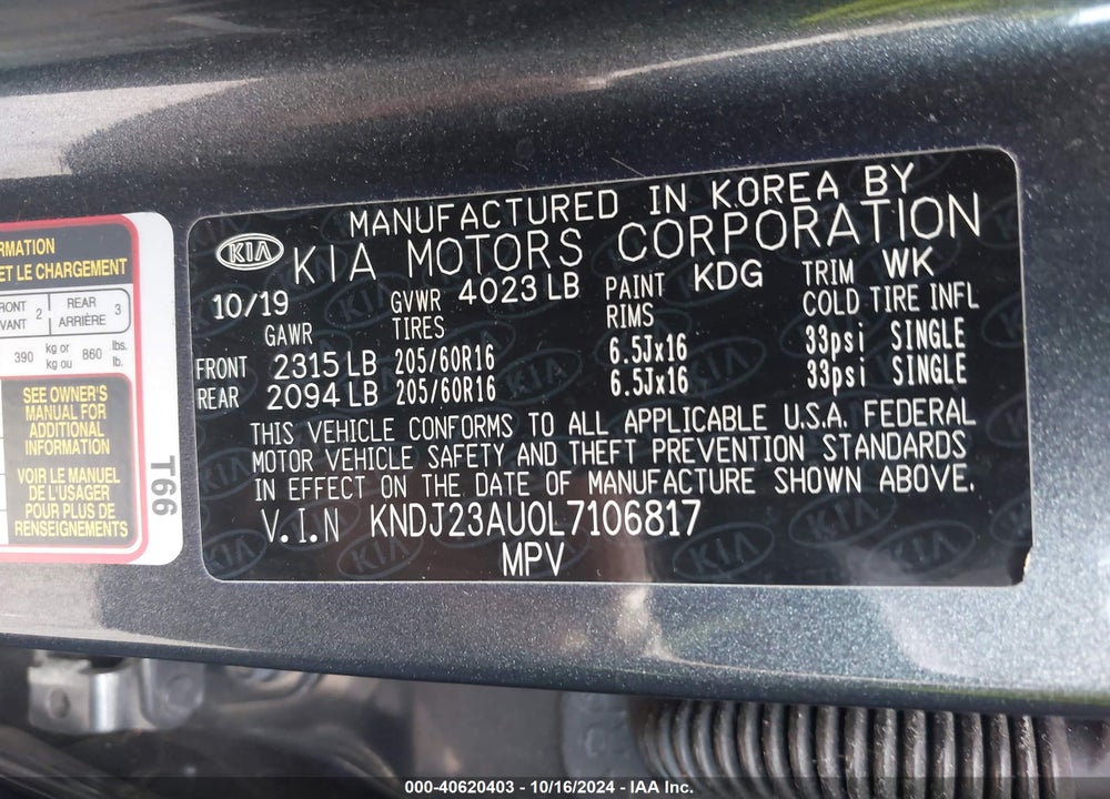 2020 KIA SOUL LX VIN: KNDJ23AU0L7106817