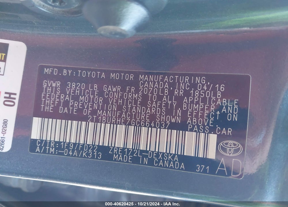 2016 TOYOTA COROLLA S PLUS VIN: 2T1BURHE7GC664037