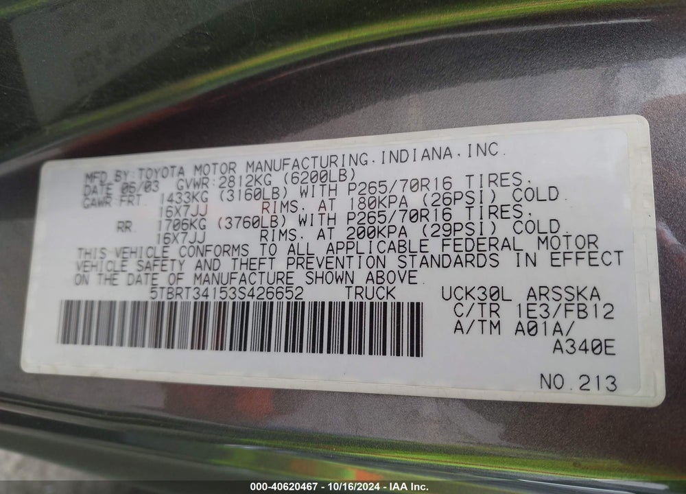 2003 TOYOTA TUNDRA SR5 V8 VIN: 5TBRT34153S426652