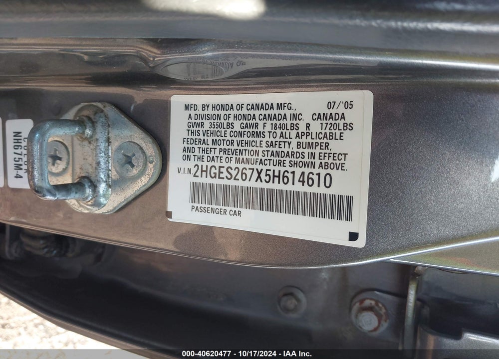 2005 HONDA CIVIC EX VIN: 2HGES267X5H614610