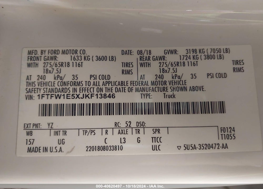2018 FORD F-150 XLT VIN: 1FTFW1E5XJKF13846