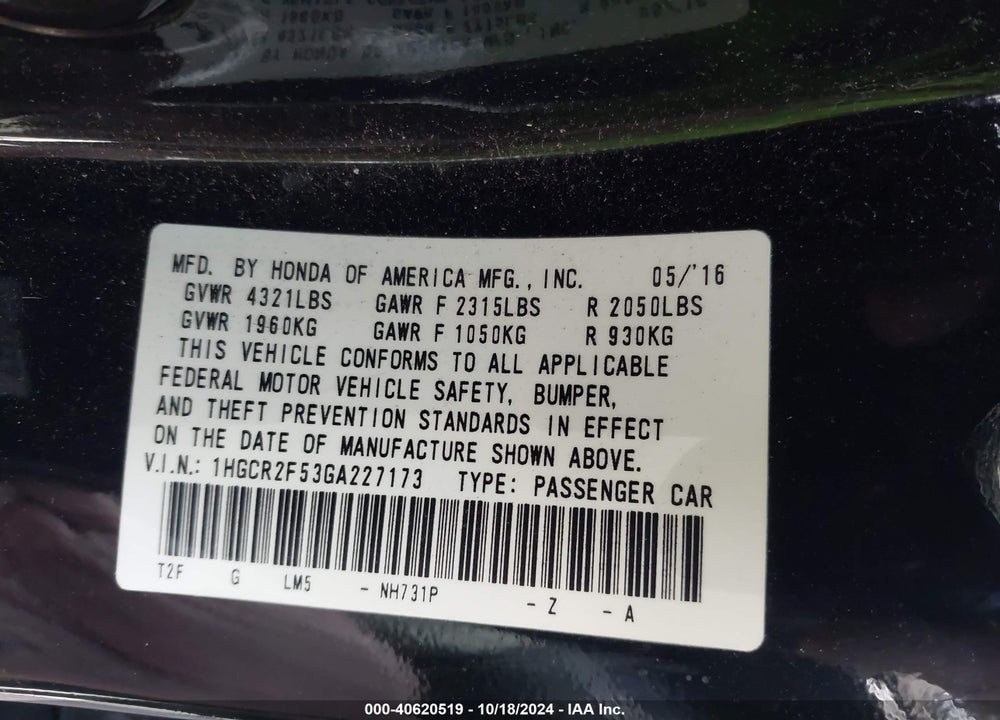 2016 HONDA ACCORD SPORT VIN: 1HGCR2F53GA227173