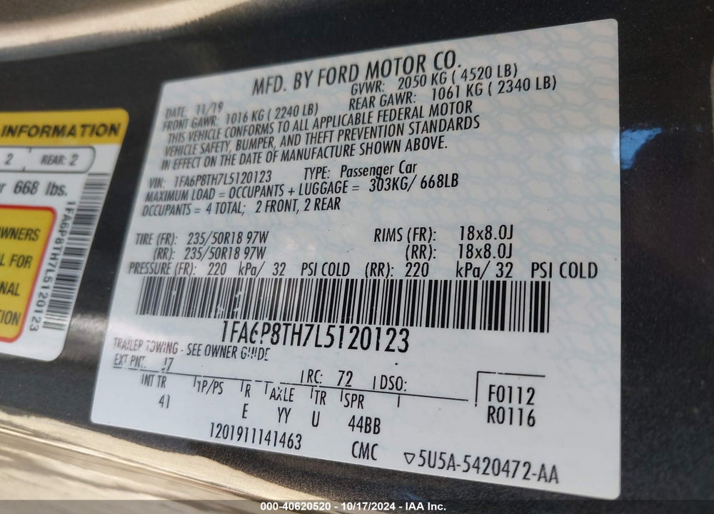 2020 FORD MUSTANG ECOBOOST PREMIUM VIN: 1FA6P8TH7L5120123
