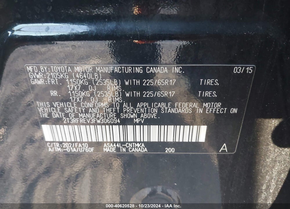 2015 TOYOTA RAV4 XLE VIN: 2T3RFREV3FW306094