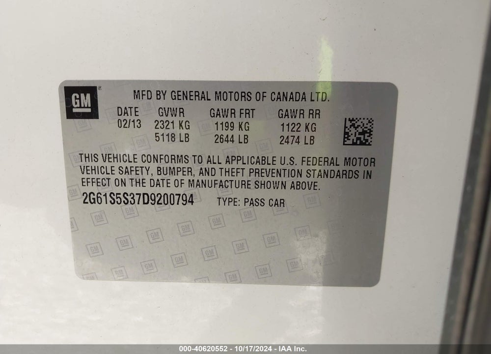 2013 CADILLAC XTS PREMIUM VIN: 2G61S5S37D9200794