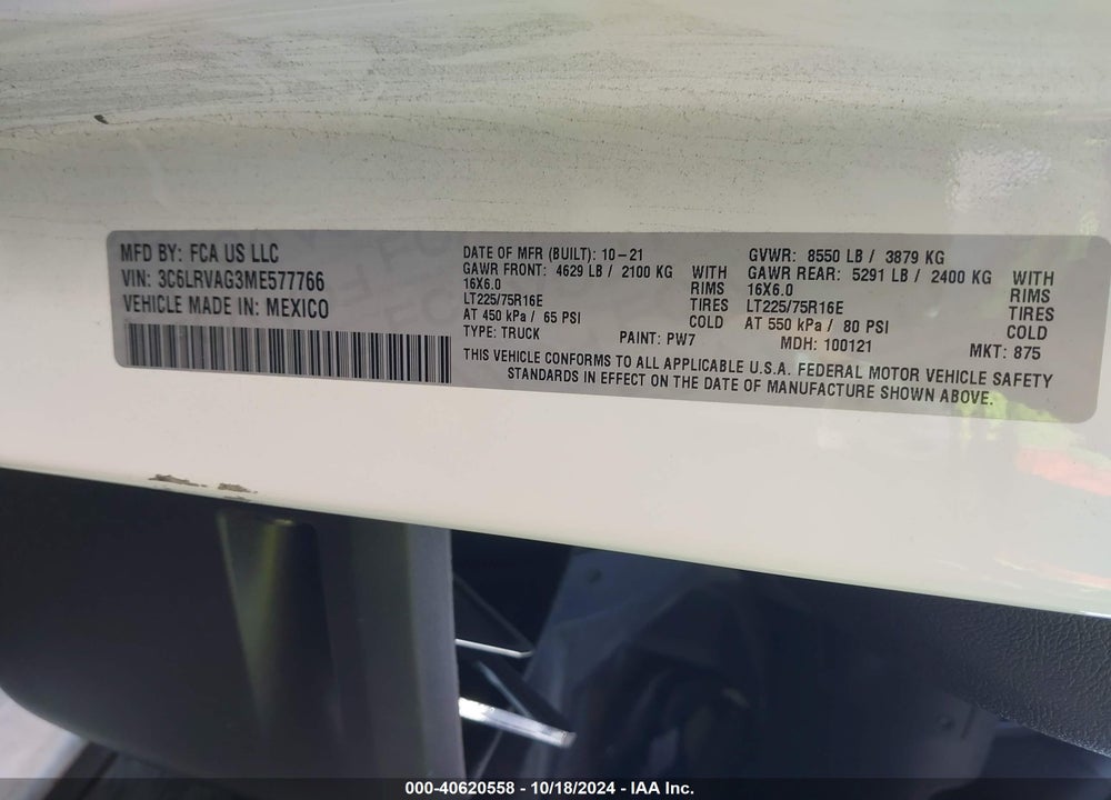 2021 RAM PROMASTER 1500 LOW ROOF 136 WB VIN: 3C6LRVAG3ME577766