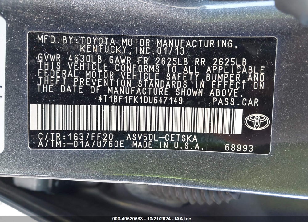 2013 TOYOTA CAMRY SE VIN: 4T1BF1FK1DU647149