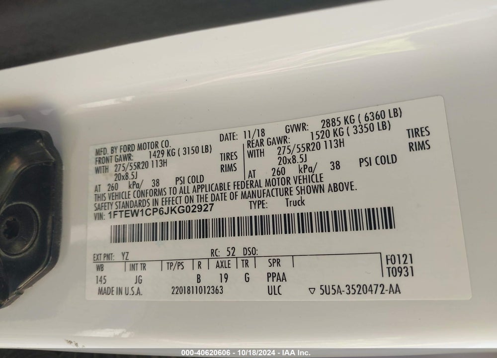 2018 FORD F-150 XL VIN: 1FTEW1CP6JKG02927