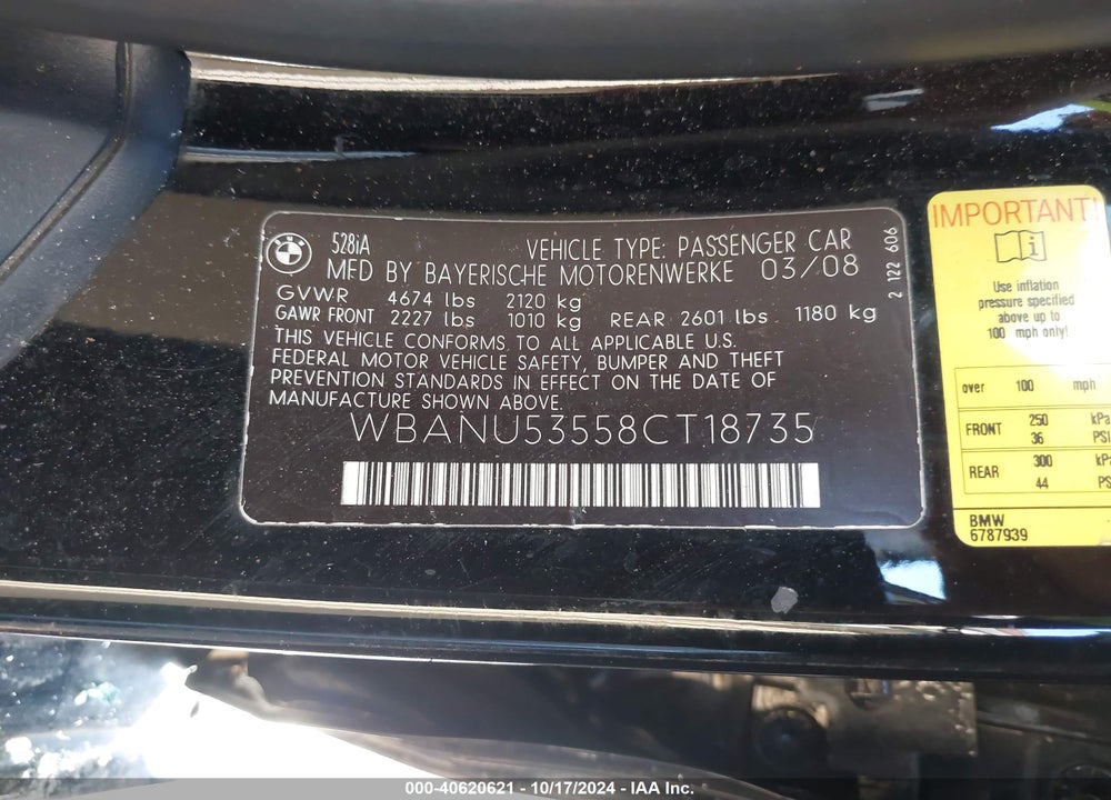 2008 BMW 528I VIN: WBANU53558CT18735