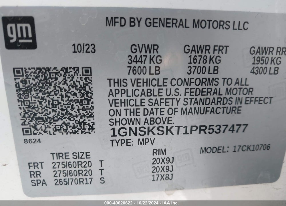 2023 CHEVROLET TAHOE 4WD PREMIER VIN: 1GNSKSKT1PR537477