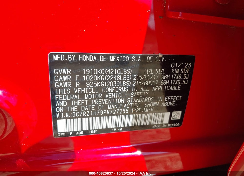 2023 HONDA HR-V 2WD EX-L VIN: 3CZRZ1H79PM727255