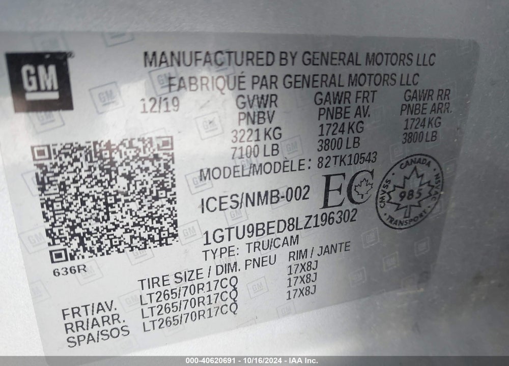 2020 GMC SIERRA 1500 4WD  SHORT BOX SLE/4WD  STANDARD BOX SLE VIN: 1GTU9BED8LZ196302