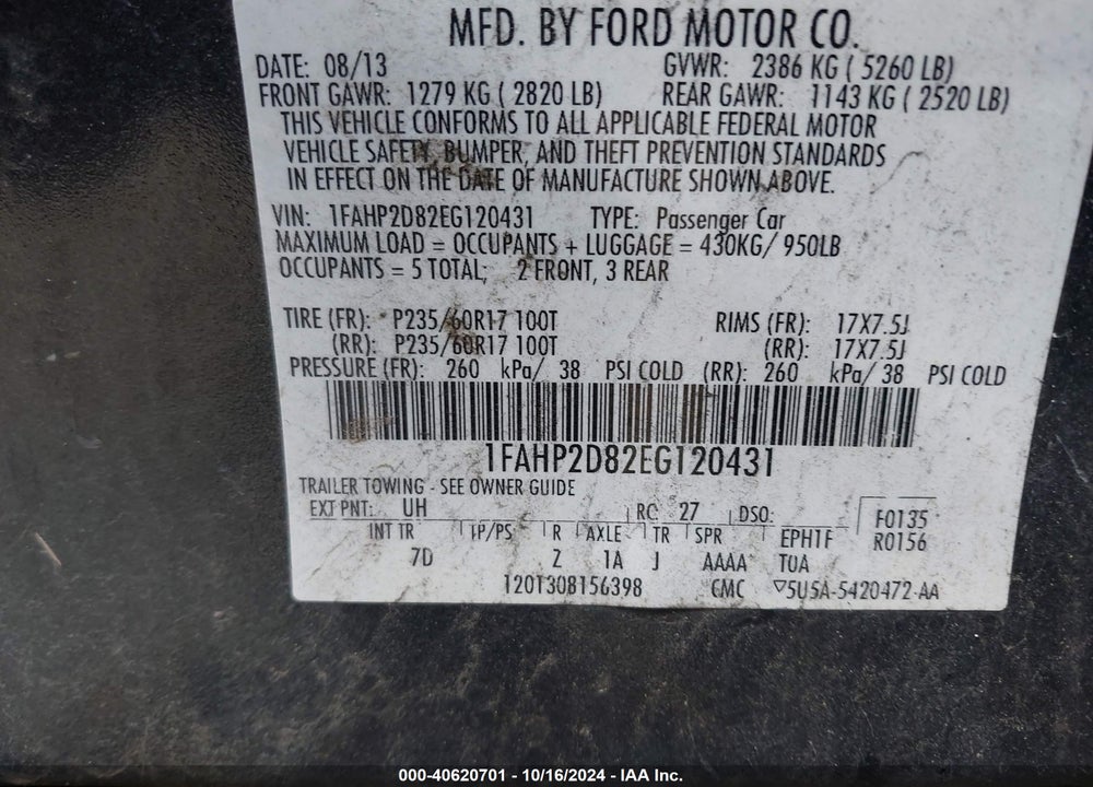 2014 FORD TAURUS SE VIN: 1FAHP2D82EG120431