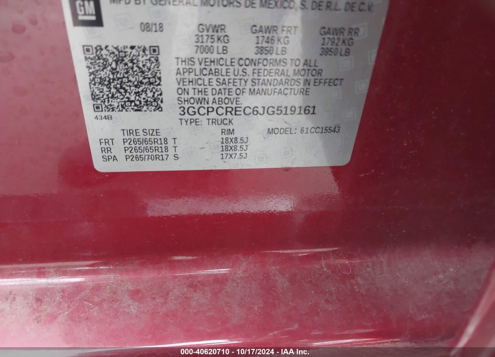 2018 CHEVROLET SILVERADO 1500 1LT VIN: 3GCPCREC6JG519161
