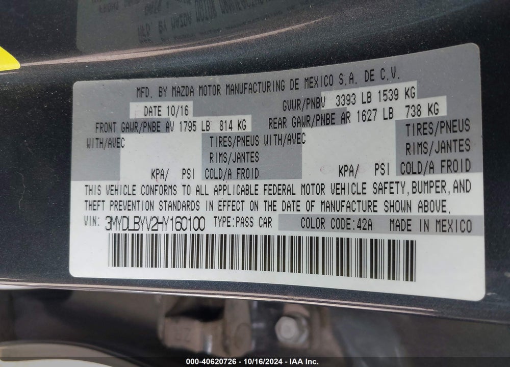 2017 TOYOTA YARIS IA VIN: 3MYDLBYV2HY160100