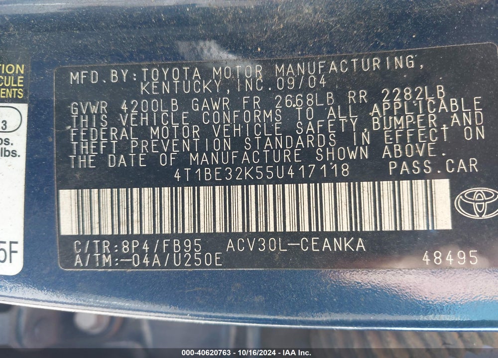2005 TOYOTA CAMRY LE VIN: 4T1BE32K55U417118