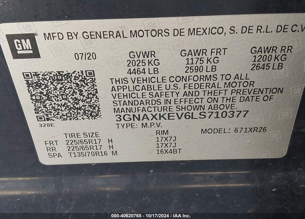 2020 CHEVROLET EQUINOX FWD LT 1.5L TURBO VIN: 3GNAXKEV6LS710377