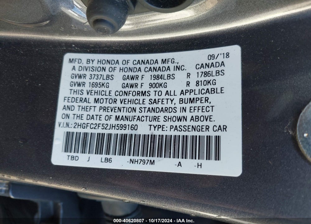 2018 HONDA CIVIC LX VIN: 2HGFC2F52JH599160