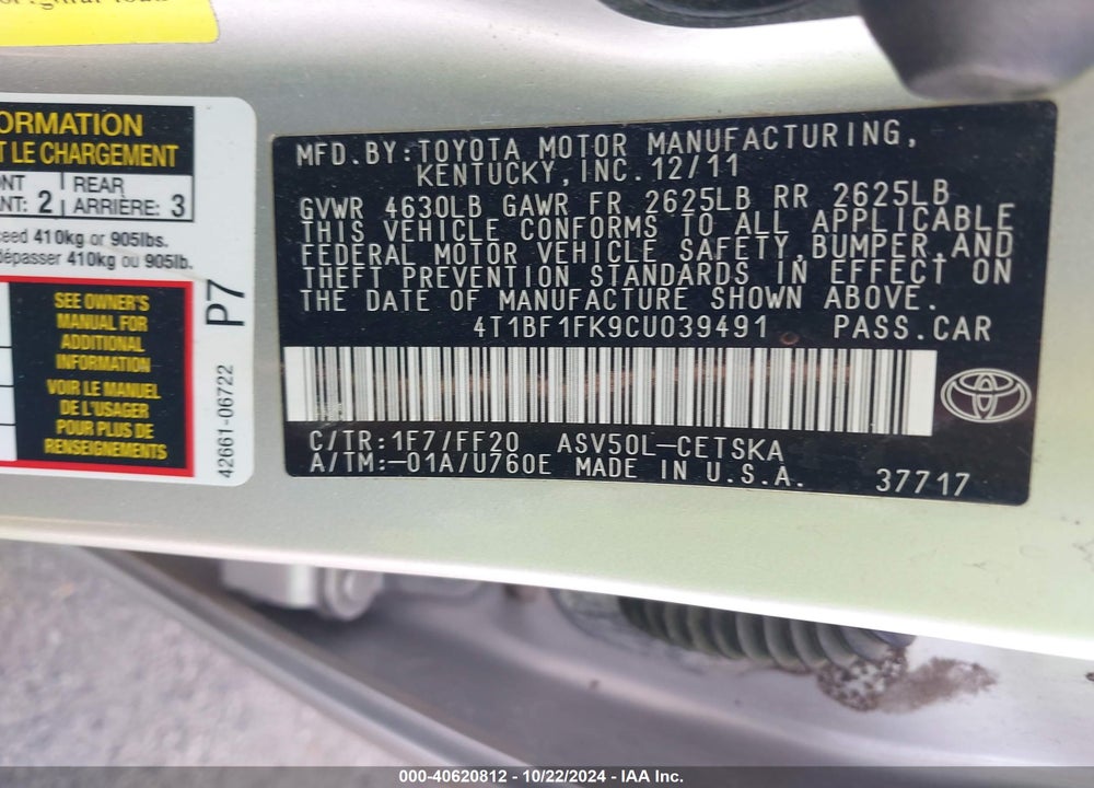 2012 TOYOTA CAMRY SE VIN: 4T1BF1FK9CU039491