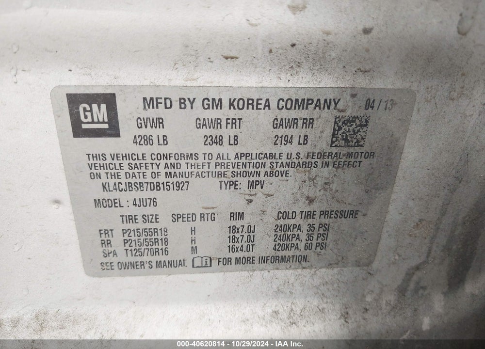 2013 BUICK ENCORE CONVENIENCE VIN: KL4CJBSB7DB151927