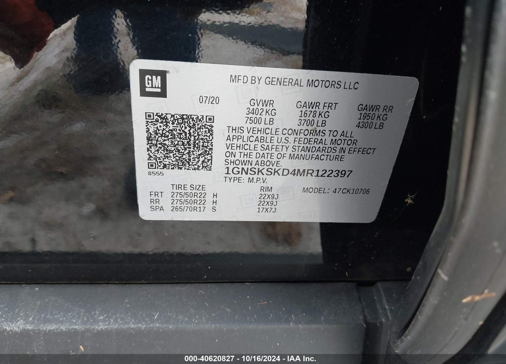 2021 CHEVROLET TAHOE 4WD PREMIER VIN: 1GNSKSKD4MR122397