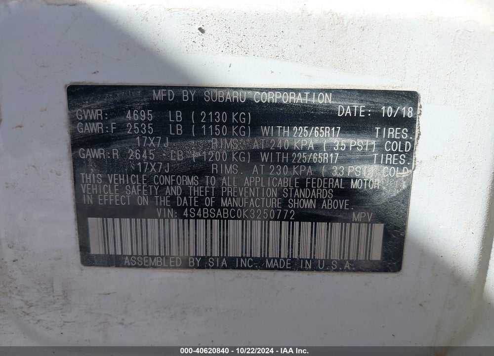 2019 SUBARU OUTBACK 2.5I VIN: 4S4BSABC0K3250772