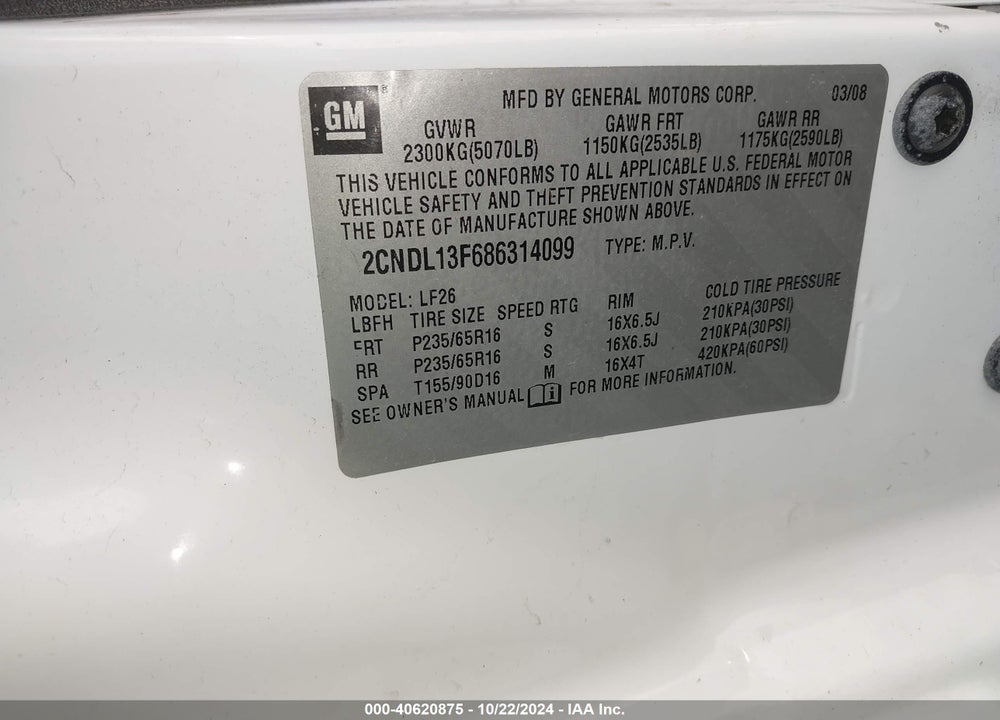 2008 CHEVROLET EQUINOX LS VIN: 2CNDL13F686314099