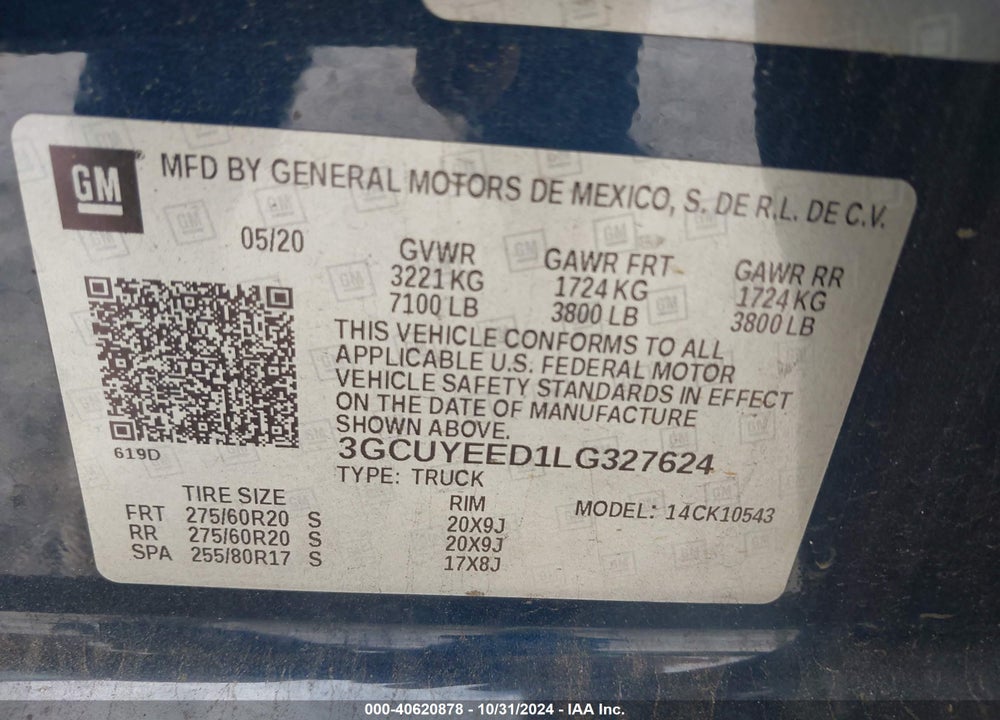 2020 CHEVROLET SILVERADO 1500 4WD SHORT BED RST VIN: 3GCUYEED1LG327624