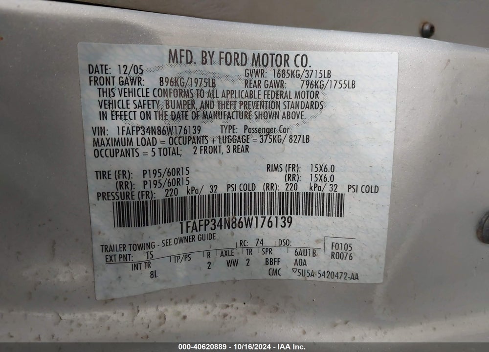 2006 FORD FOCUS ZX4 VIN: 1FAFP34N86W176139