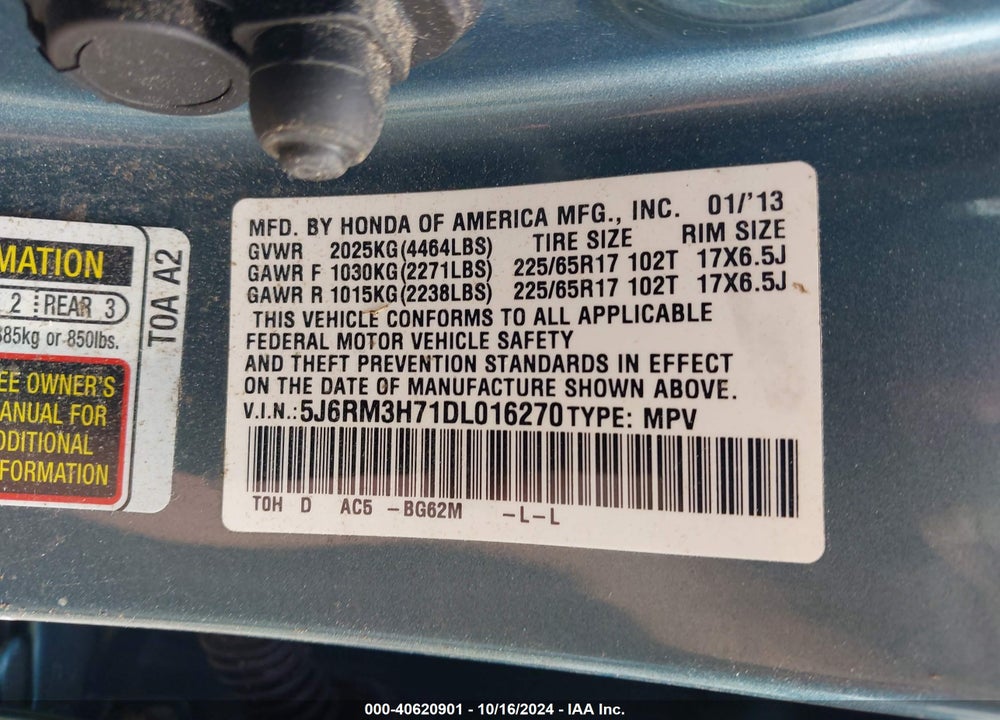 2013 HONDA CR-V EX-L VIN: 5J6RM3H71DL016270