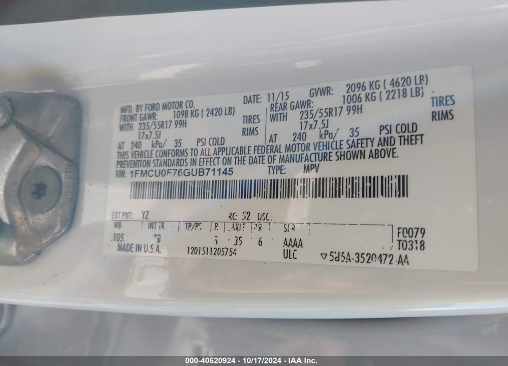 2016 FORD ESCAPE S VIN: 1FMCU0F76GUB71145