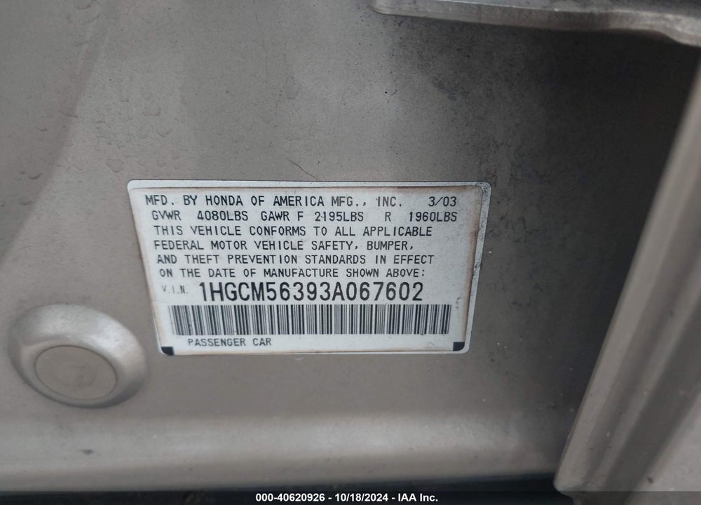 2003 HONDA ACCORD 2.4 LX VIN: 1HGCM56393A067602