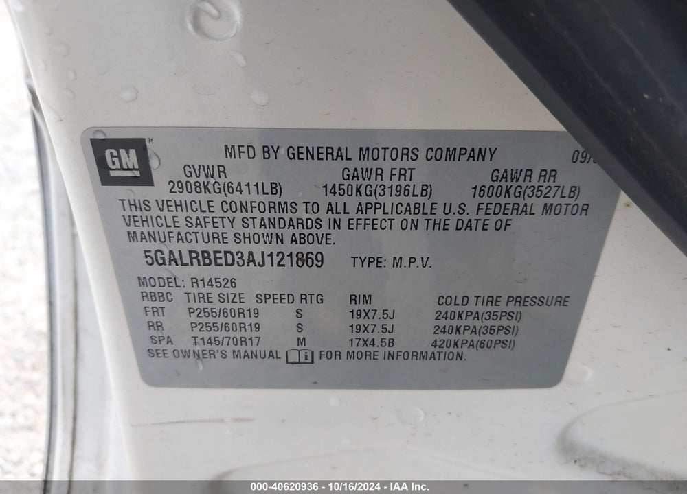 2010 BUICK ENCLAVE 1XL VIN: 5GALRBED3AJ121869