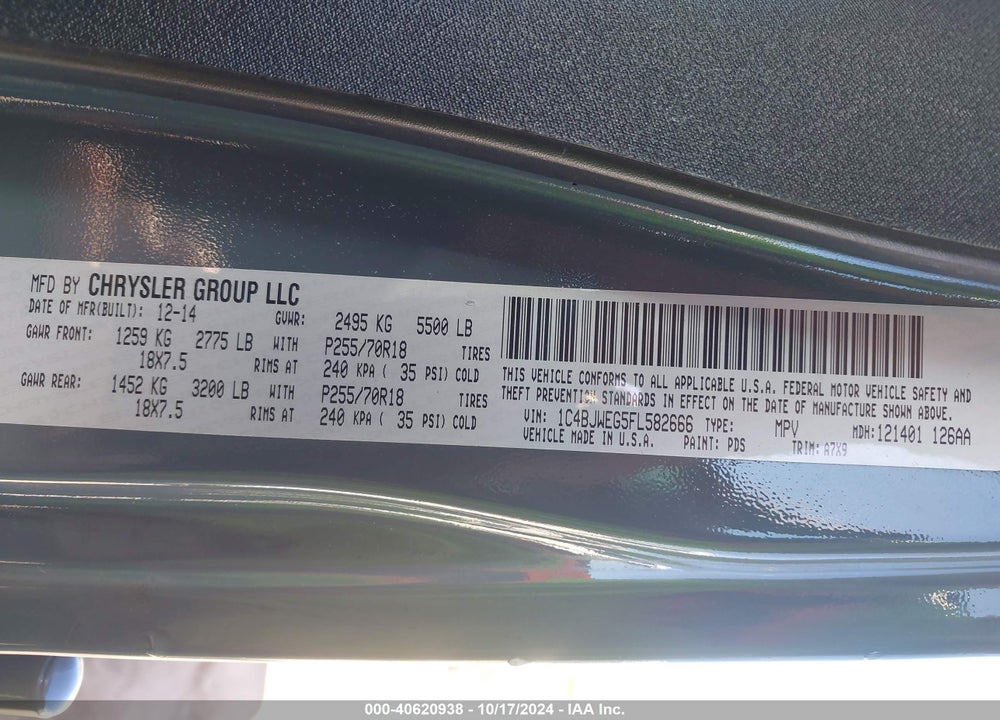 2015 JEEP WRANGLER UNLIMITED SAHARA VIN: 1C4BJWEG5FL582666