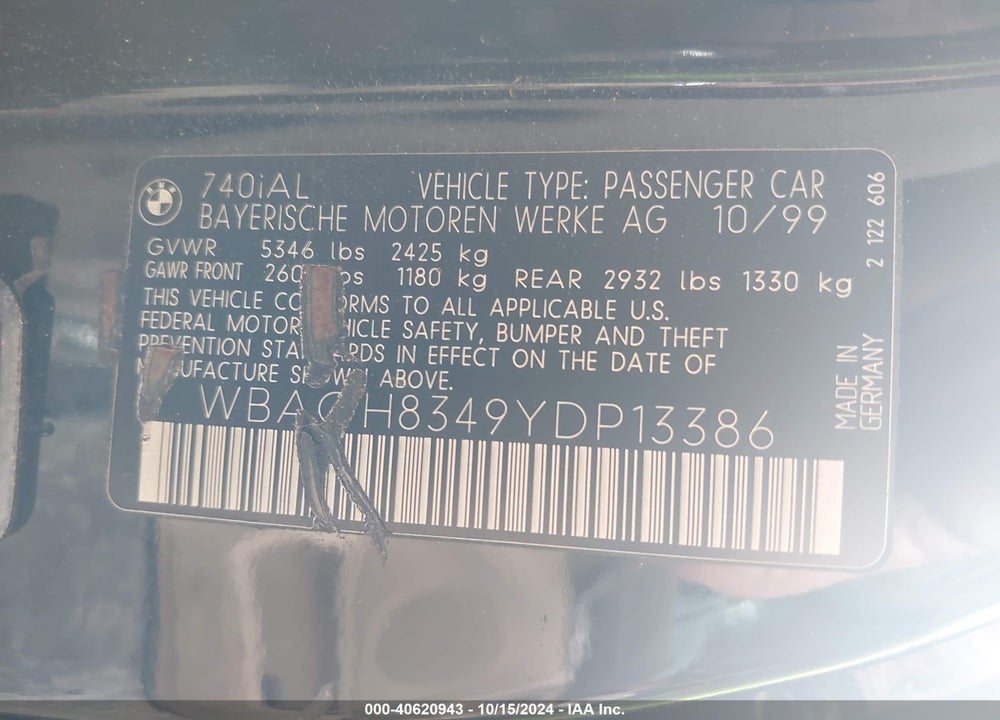 2000 BMW 740IL VIN: WBAGH8349YDP13386