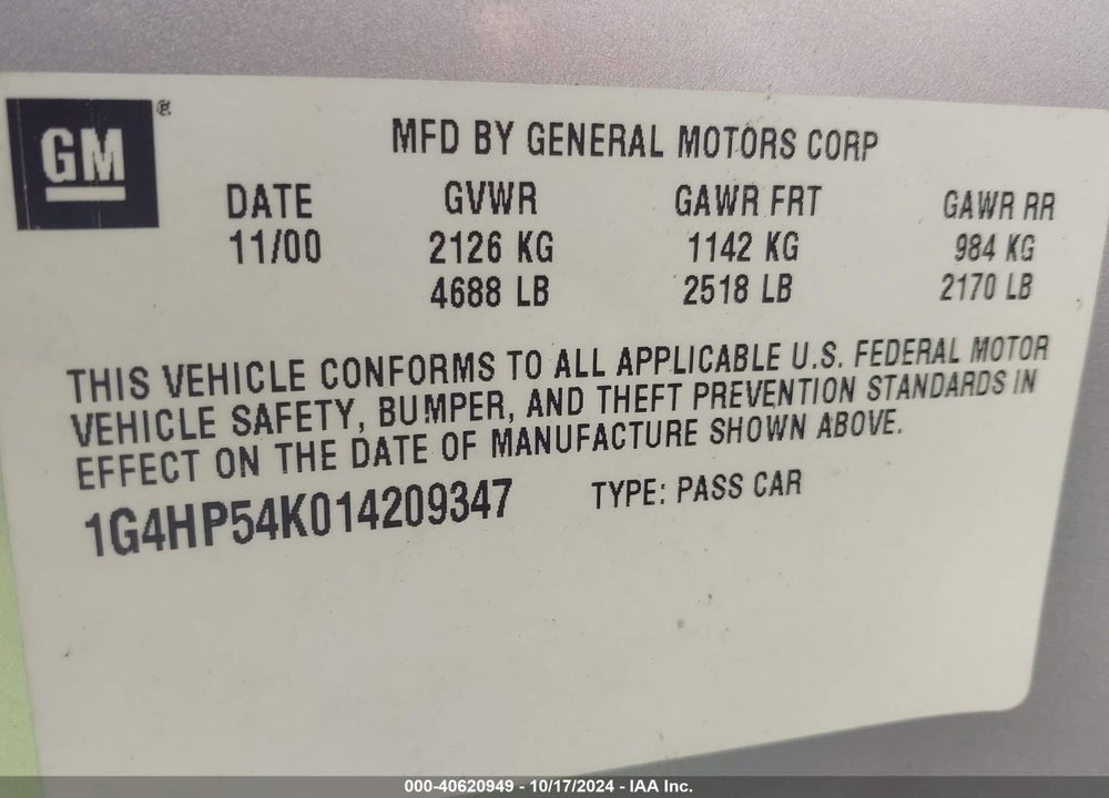 2001 BUICK LESABRE CUSTOM VIN: 1G4HP54K014209347