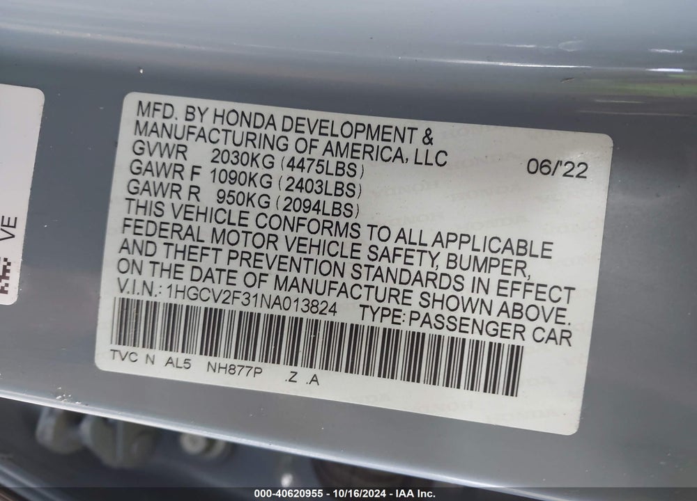 2022 HONDA ACCORD SPORT 2.0T VIN: 1HGCV2F31NA013824