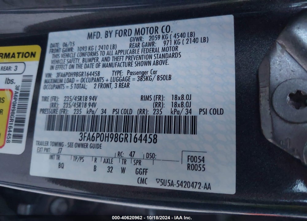 2016 FORD FUSION SE VIN: 3FA6P0H98GR164458
