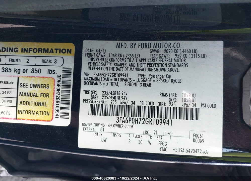 2016 FORD FUSION SE VIN: 3FA6P0H72GR109941