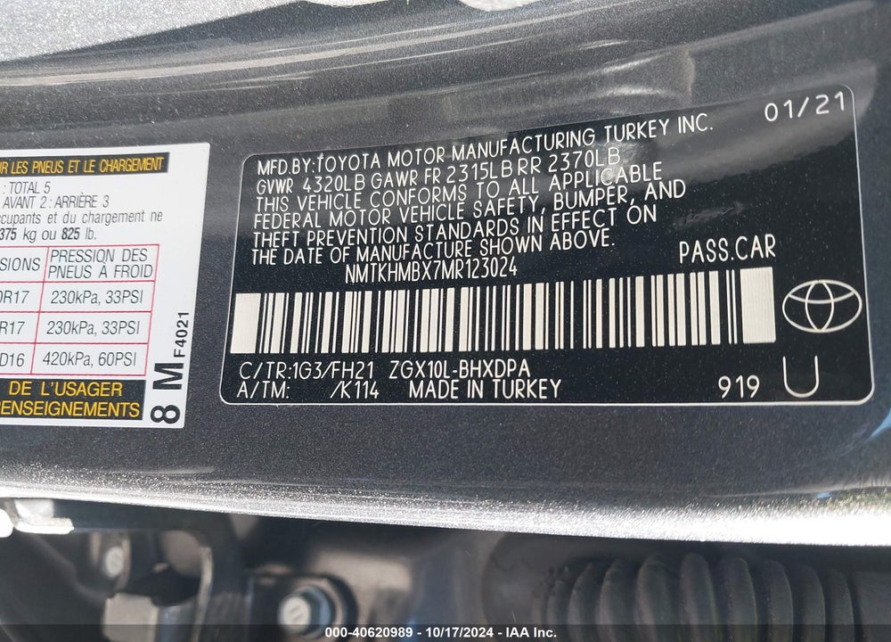 2021 TOYOTA C-HR LE VIN: NMTKHMBX7MR123024